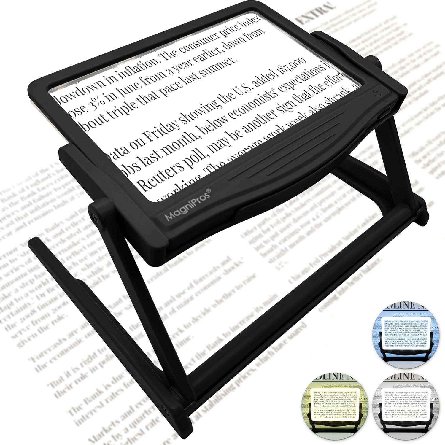 MAGNIPROS Patented 5X Large LED Page Magnifier with Detachable Stand