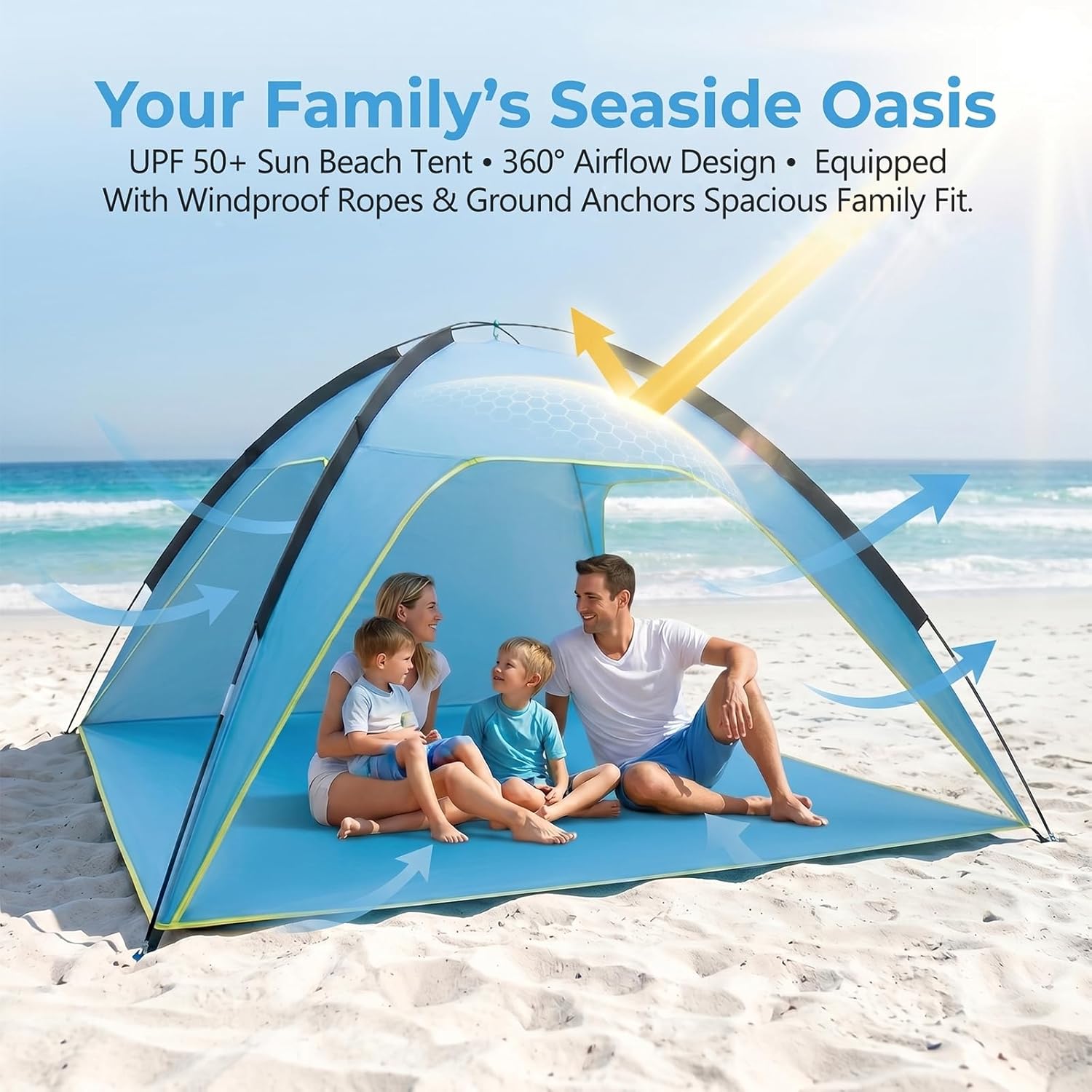 Beach Tent Sun Shelter - Portable Pop Up Beach Tent for 4-5 Person, UPF 50+ UV Protection, Easy Setup