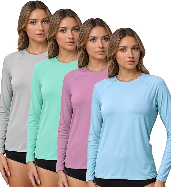 Kinglaman 4 Pack Rash Guard for Women UPF 50+ SPF UV Sun Protection Long Sleeve Swim Shirt Workout Hiking Tops