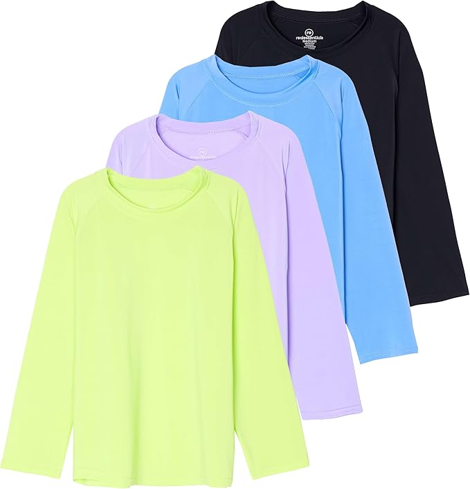 Real Essentials 4 Pack: Girls' Rash Guard Swim Shirts – Long Sleeve UPF Sun Protection Tops (Ages 4–16)