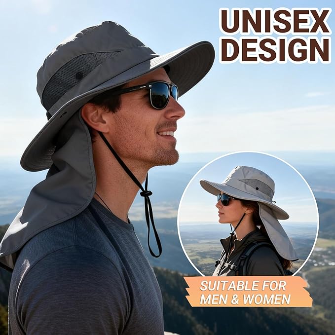 PFFY Sun Bucket Hats for Men Women Fishing Hat UV Protection Wide Brim Beach Safari Hat with Neck Flap